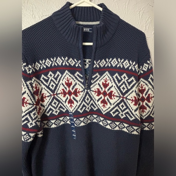 NWT Izod Men’s Navy Blue - White & Red Holiday 1/4 Zip Sweater - M - Picture 7 of 12